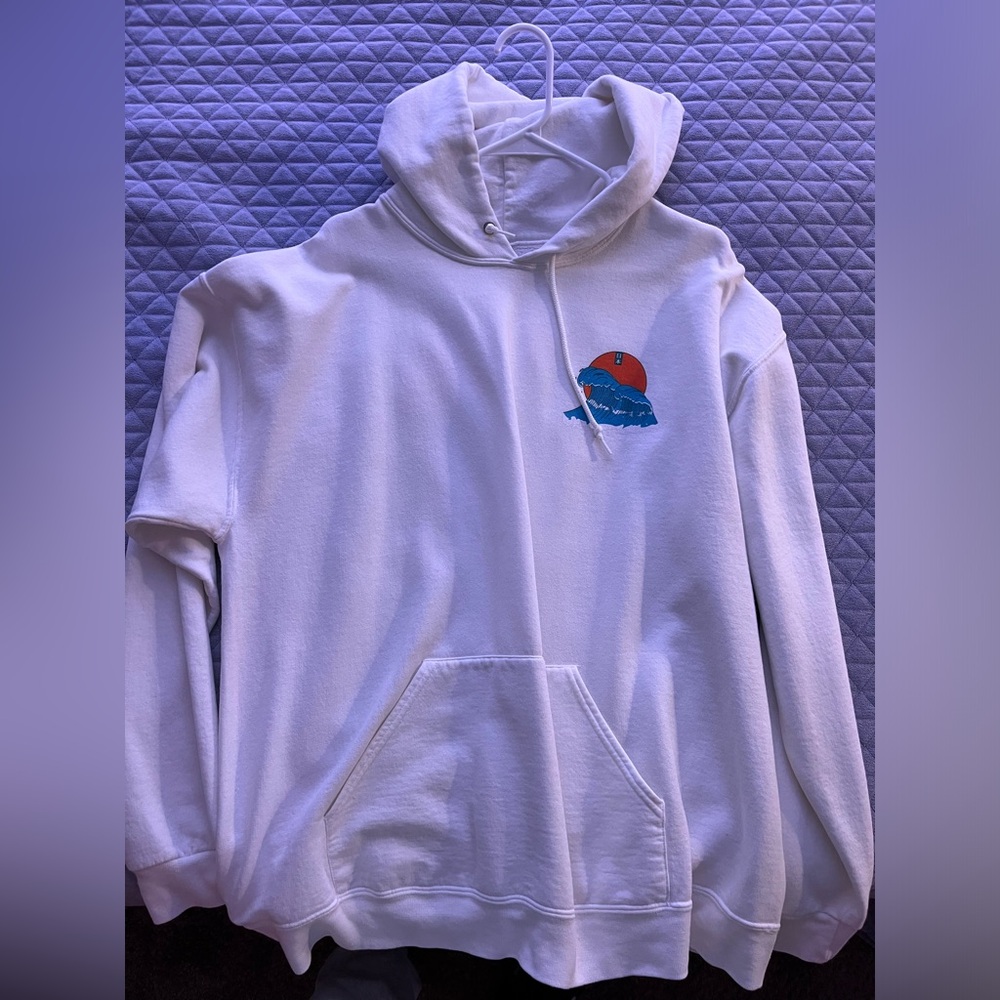 White artist union hoodie with Japanese art on it orange susnet hoodie